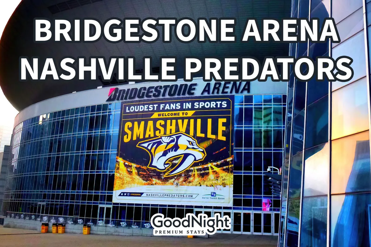 The exterior of Bridgestone Arena, with its recognizable architecture, large signage, and Nashville Predators branding. The bustling entrance hints at the arena’s role as a major local venue for events and gatherings.